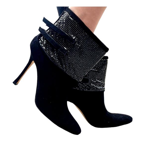 Manolo Blahnik 10 Silver Sequin Suede Ankle Boots Stiletto Disco Booties Black - Picture 3 of 9